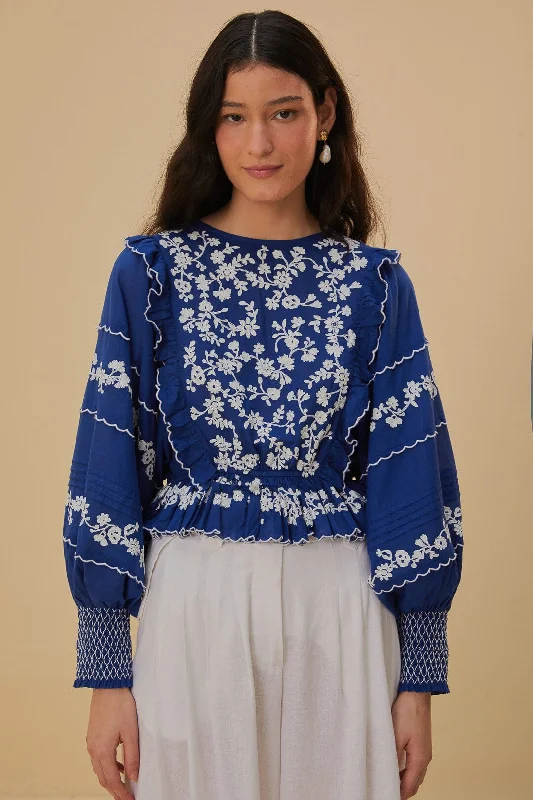 Navy Blue Embroidered Long Sleeve Blouse Sleeveless Summer Blouse