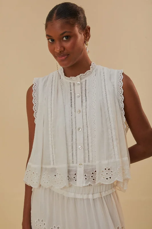 Off-White Sleeveless Organic Cotton Blouse Soft Pastel Blouse