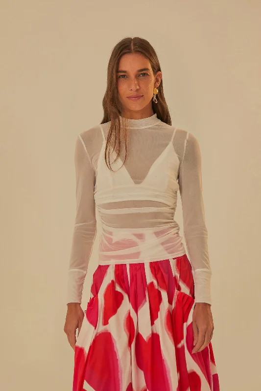 Off White Tulle Long Sleeved Blouse Feminine Puff Blouse