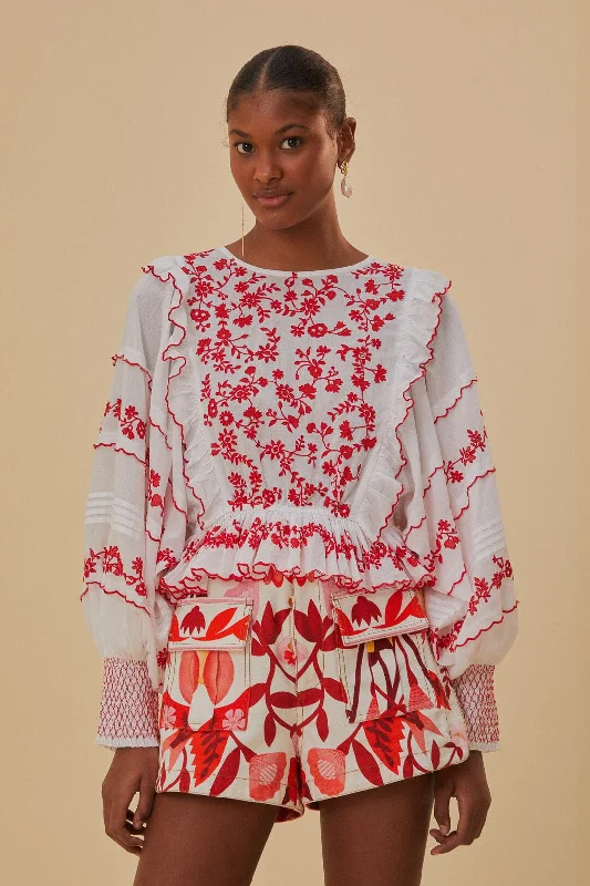 Off-White and Red Embroidered Long Sleeve Blouse Soft Satin Blouse