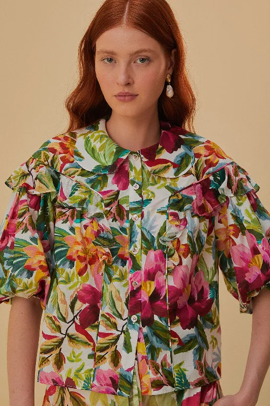 Off-White Painted Flowers Short Sleeve Blouse Chic Square Blouse