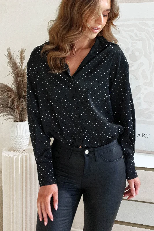 Peta Dimonte Sparkle Satin Blouse | Black Silky Tunic Blouse