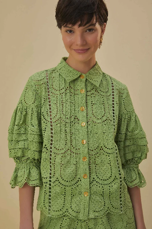 Green Pineapple Eyelet Blouse Sheer Mesh Blouse