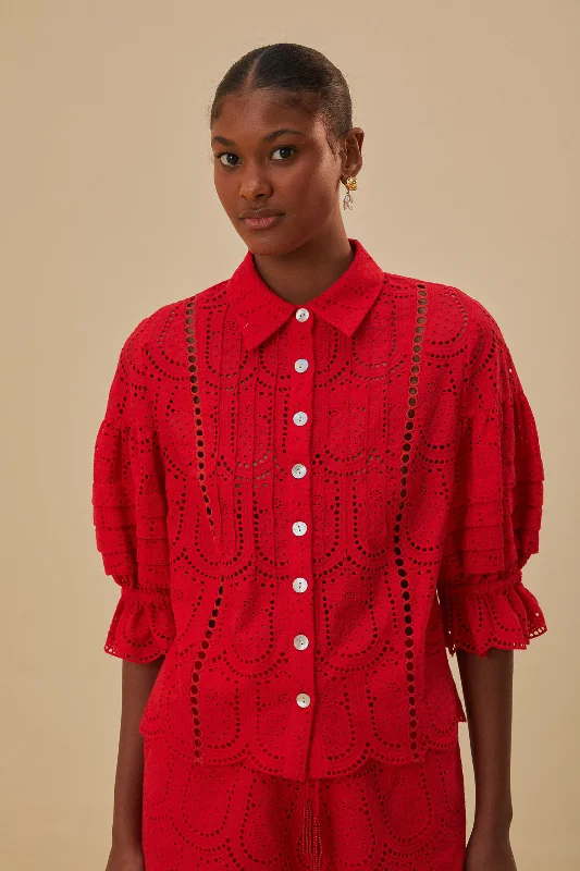 Red Pineapple Eyelet Blouse Silky Tunic Blouse