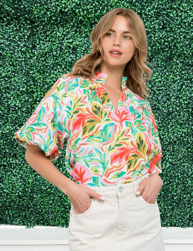 Floral Puff Blouse Pleated Collar Blouse