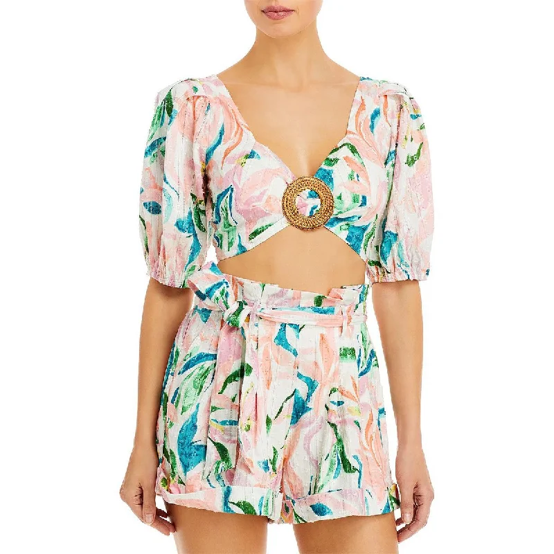 Rahi Womens Maui Printed Cropped Blouse Bell Sleeve Blouse
