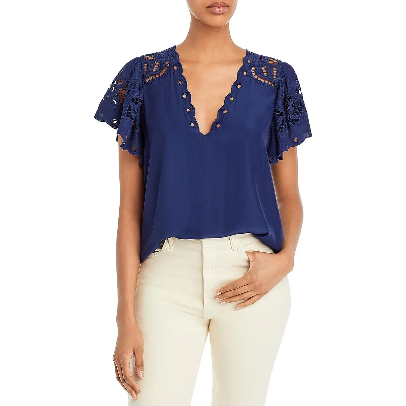 Ramy Brook Womens Rochelle V Neck Flutter Sleeve Blouse Lightweight Chiffon Blouse
