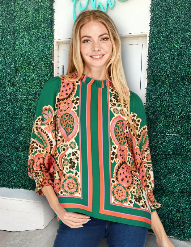 Falling Border Blouse Balloon Sleeve Blouse