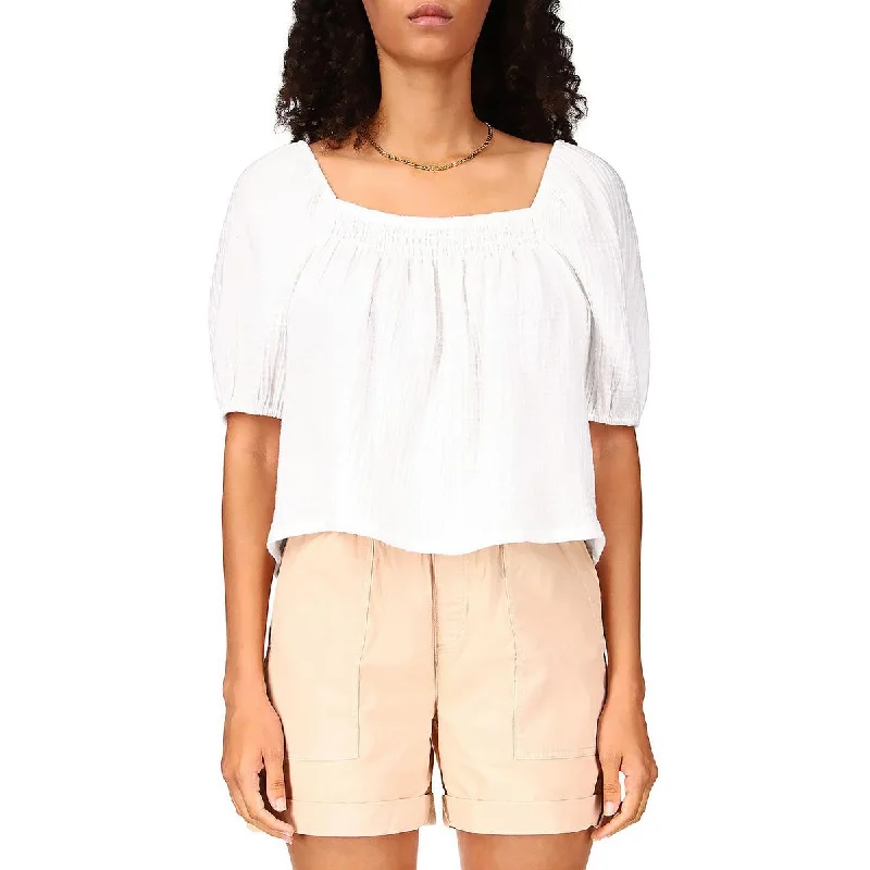 Sanctuary Womens Smocked Puff Sleeve Blouse Textured Cotton Blouse