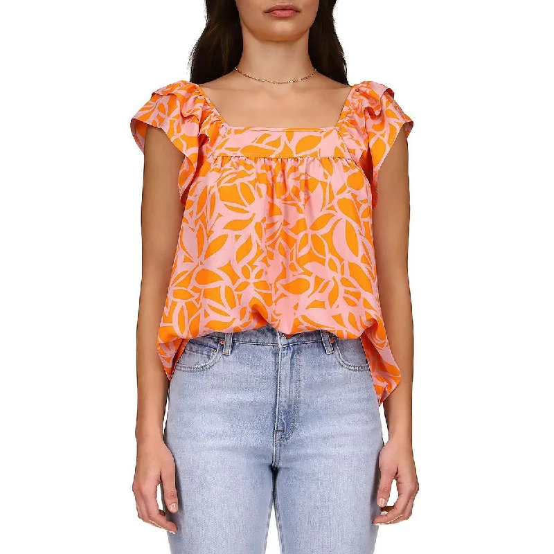 Sanctuary Womens Square Neck Printed Blouse Lightweight Linen Blouse