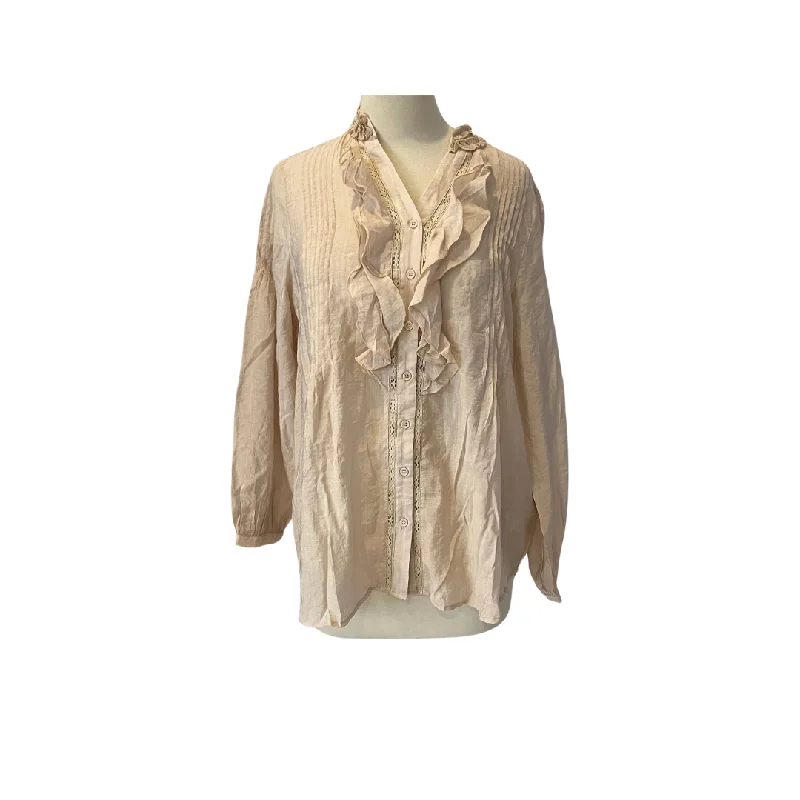 Sapphire Beige Sheer Frill Button Down Blouse | Brand New | Feminine Tie Blouse