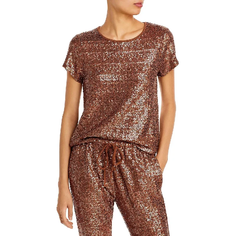 Splendid Womens Oxford Sequined Short Sleeve Blouse Boho Chic Blouse