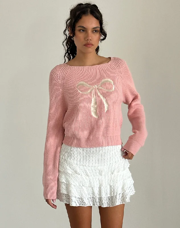 Tami Jumper in Knit Pink with White Bow Embroidery Chenille Blend Fleece Blend Nylon Blend