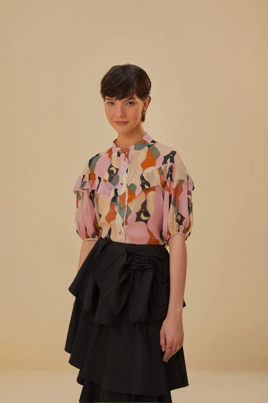 The Kiss Multicolor Short Sleeve Blouse Satin Bow Blouse
