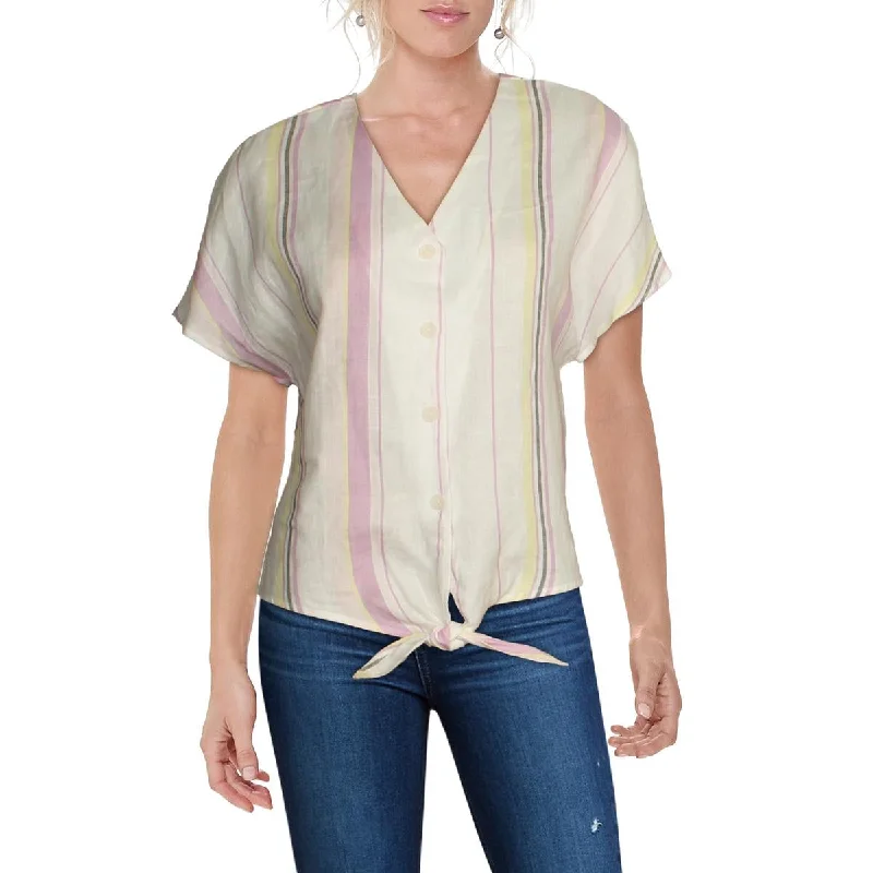 Three Dots Women's Linen Striped Button Down Tie Front Blouse Modern Work Blouse