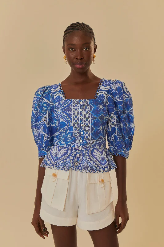 Blue Tile Dream Short Sleeve Blouse Double-Layered Blouse