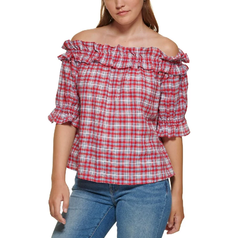 Tommy Hilfiger Womens Ruffled Plaid Blouse Sleeveless Summer Blouse