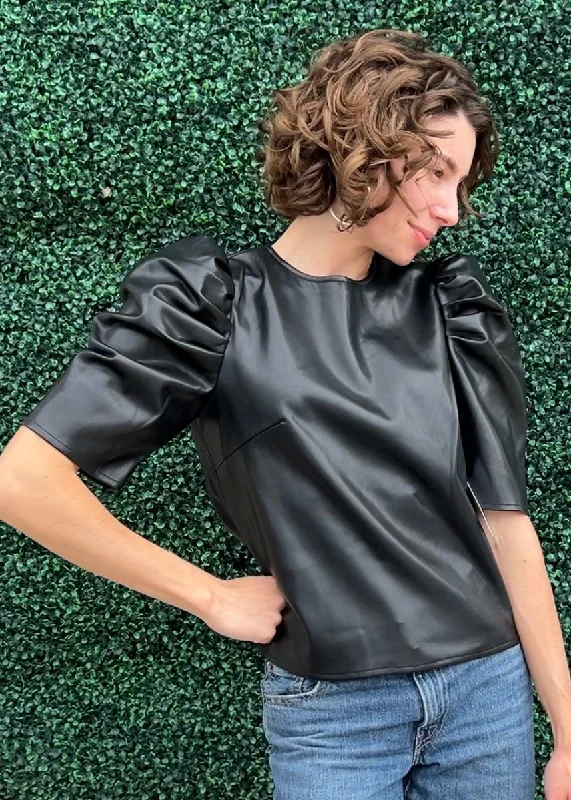 Vegan Leather Puff Blouse Peter Pan Collar Blouse
