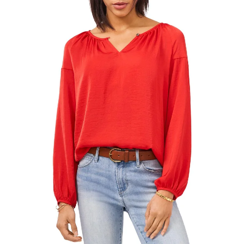 Vince Camuto Womens Satin Keyhole Blouse Stretchy Fitted Blouse