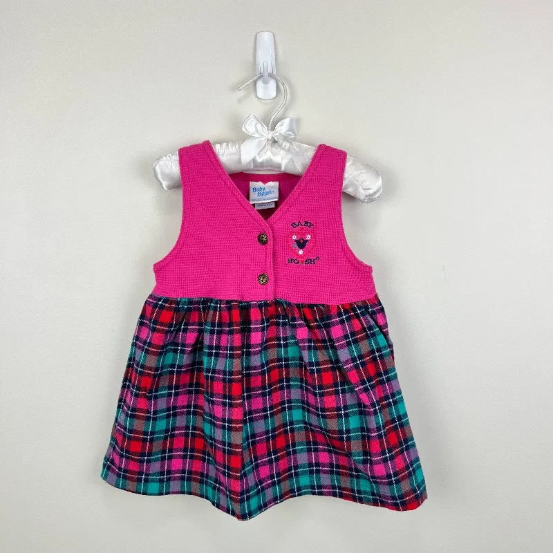Vintage OshKosh B'gosh Pink Plaid Flower Jumper 18 Months USA Notch Collar Peter Pan Collar Cowl Neck