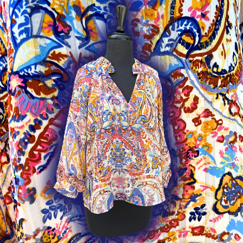 Fall Paisley Print Blouse Satin Long Blouse