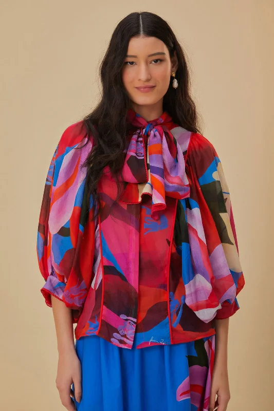 Watercolor Floral Blue Long Sleeve Blouse Sweetheart Neck Blouse