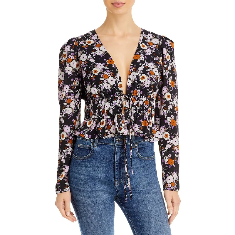 WAYF Womens Sammie Floral Print Tie Front Blouse Peter Pan Blouse