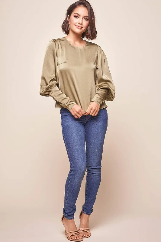 Westminster Leg-of-Mutton Sleeve Blouse Olive Mandarin Collar Blouse