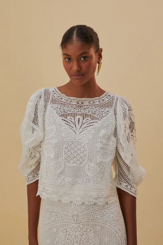 White Guipure Short Sleeve Blouse Short Sleeve Blouse