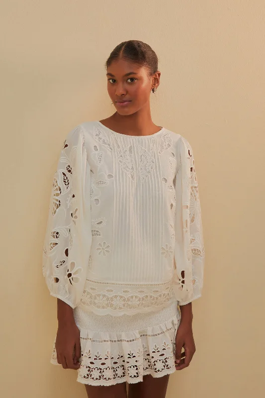 White Richelieu Short Sleeve Blouse Embroidered Cotton Blouse