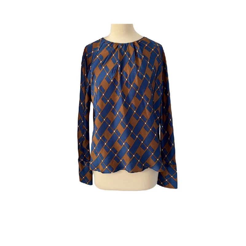 Zara Blue & Brown Printed Satin Blouse | Pre Loved | Floral Chiffon Blouse