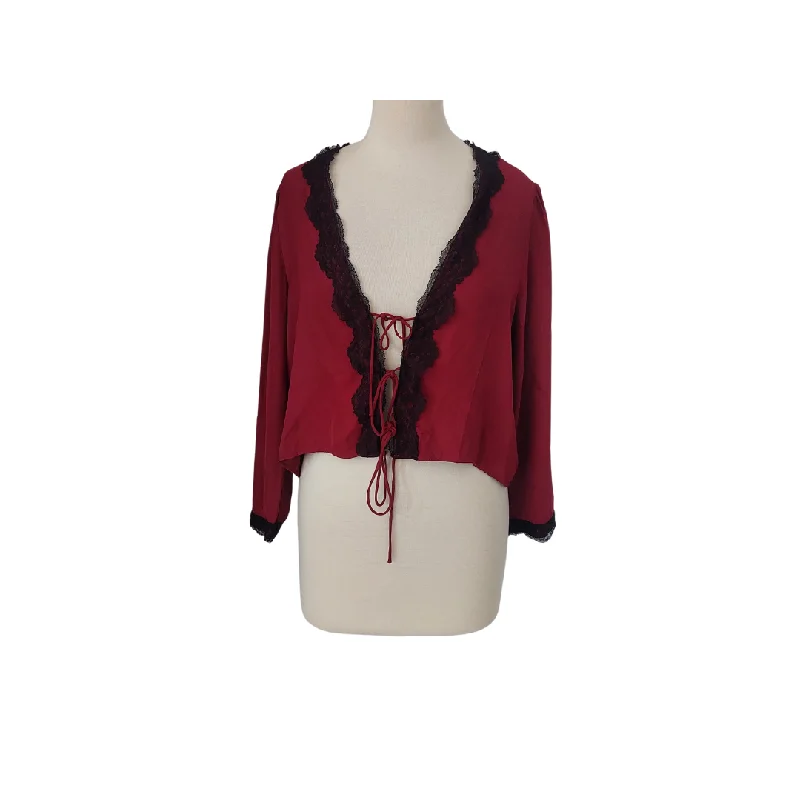 Zara Maroon & Black Lace Front-tie Satin Blouse | Pre Loved | Elegant Silk Blouse