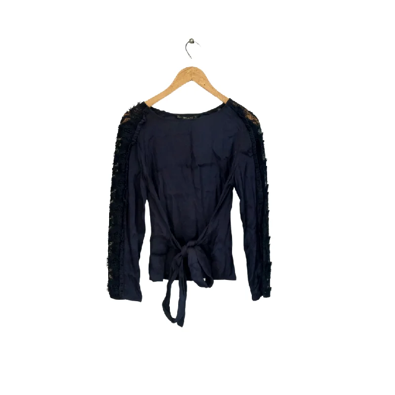 ZARA Navy Satin Lace Back-tie Blouse  | Brand New | Feminine Puff Blouse