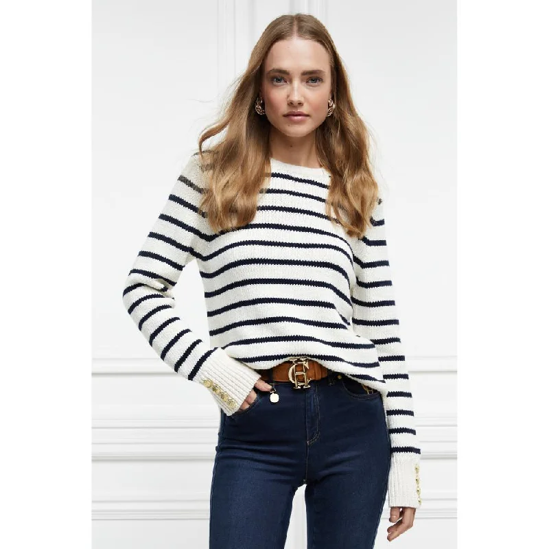 Holland Cooper Henley Striped Ladies Crew Jumper - Natural/Ink Navy Mesh Blend Leather Blend Suede Blend