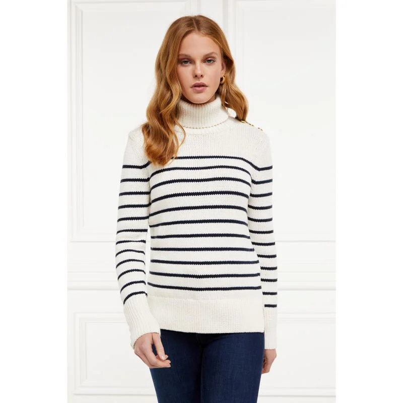 Holland Cooper Henley Striped Ladies Roll Neck Jumper - Natural/Ink Navy Boxy Sweater Fitted Sweater A-Line
