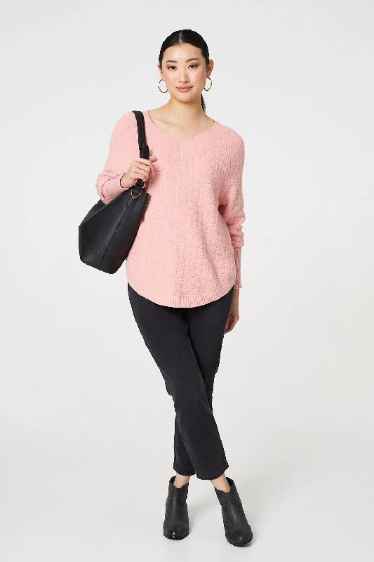 Textured V-Neck Relaxed Curve Hem Jumper Satin Fabric Silk Fabric Chiffon Fabric