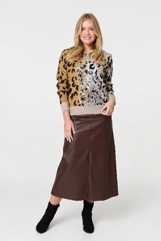 Animal Print Sequin Detail Jumper High Neck Crew Neck V-Neck