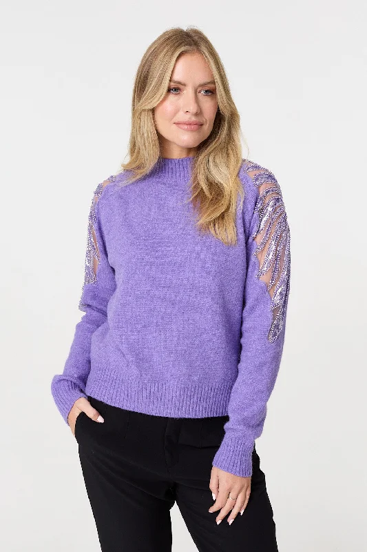 Sequin Detail High Neck Relaxed Jumper Sweater Knitwear Pullover