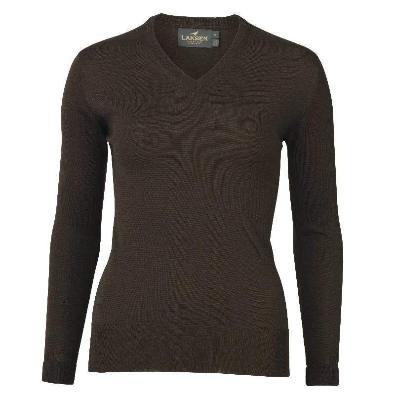 Laksen Carnaby V-Neck Merino Ladies Jumper - Chocolate Spandex Blend Rayon Blend Denim Blend