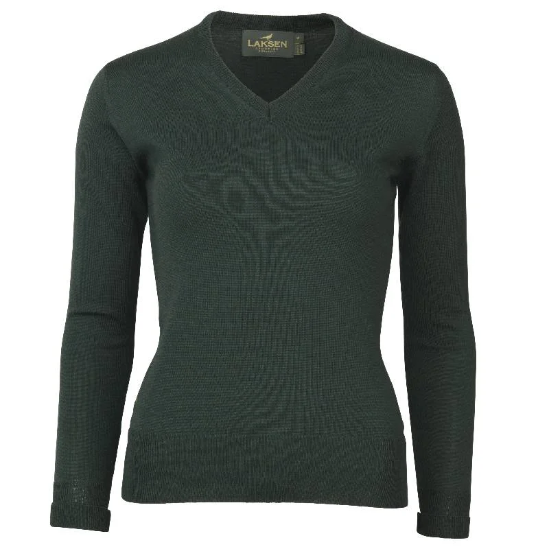 Laksen Carnaby V-Neck Merino Ladies Jumper - Pine Glossy Satin Silk