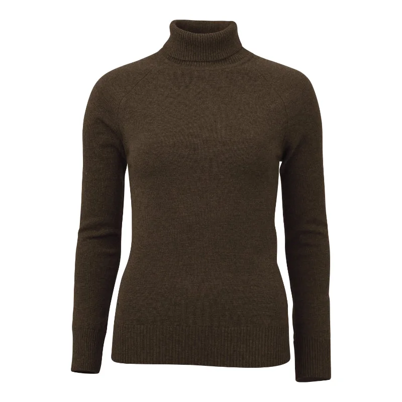 Laksen Kit Ladies Lambswool Cashmere Roll Neck Jumper - Brownie Satin Blend Silk Blend Wool Blend