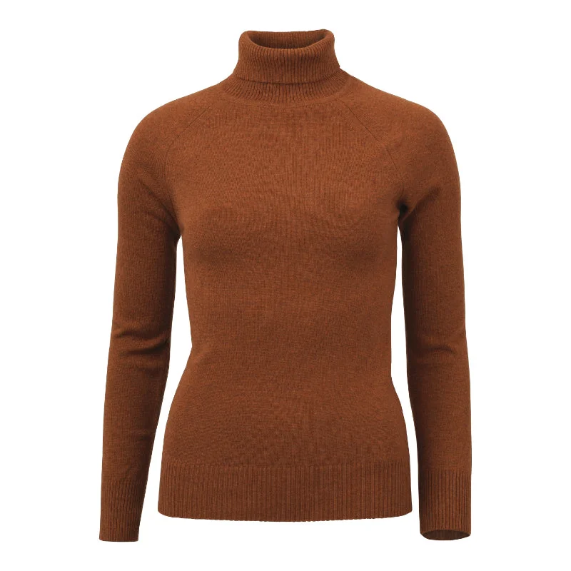 Laksen Kit Ladies Lambswool Cashmere Roll Neck Jumper - Burnt Orange Transparent Opaque Sheer