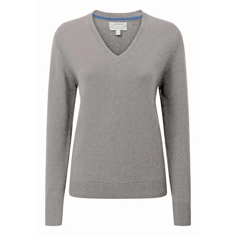 Schoffel Ladies Merino V Neck Jumper - Silver Grey Ribbed Striped Patterned
