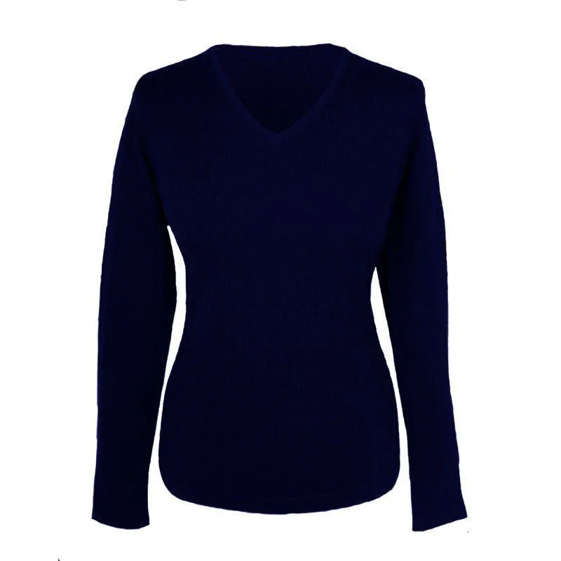 William Powell Ladies Merino V Neck Jumper - Dark Navy Polka Dot Checkered Tartan