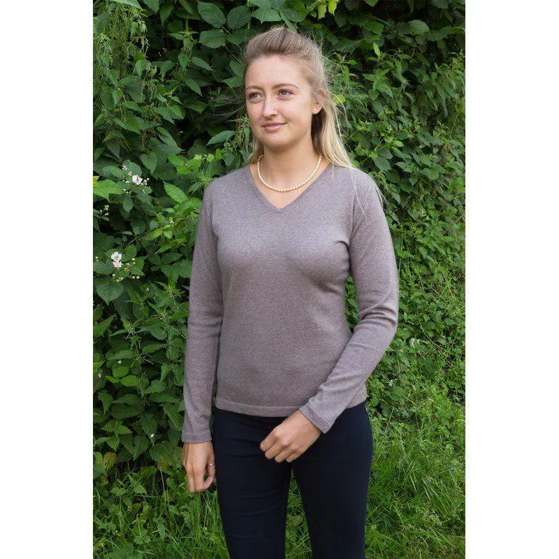 William Powell Ladies Merino V Neck Jumper - Mushroom Zippered Front Buttoned Front Snap Front
