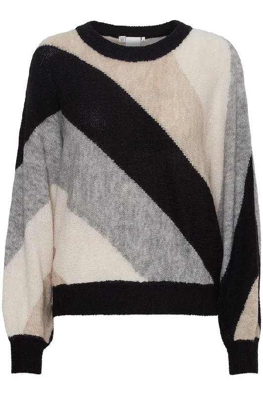 Women's ICHI IHKAMARA Black Striped Jumper Fitted Loose Oversized
