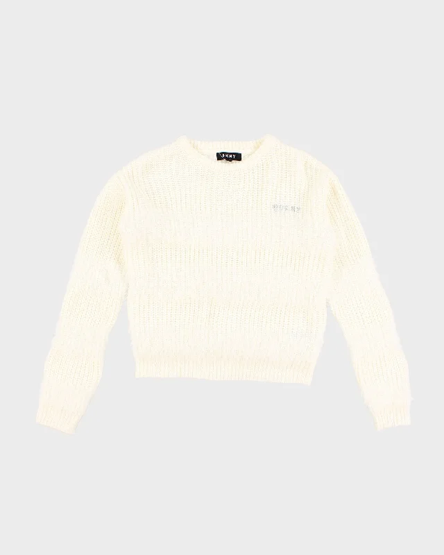 Womens White DKNY Fuzzy Jumper - L Mesh Fabric Canvas Fabric Denim Fabric