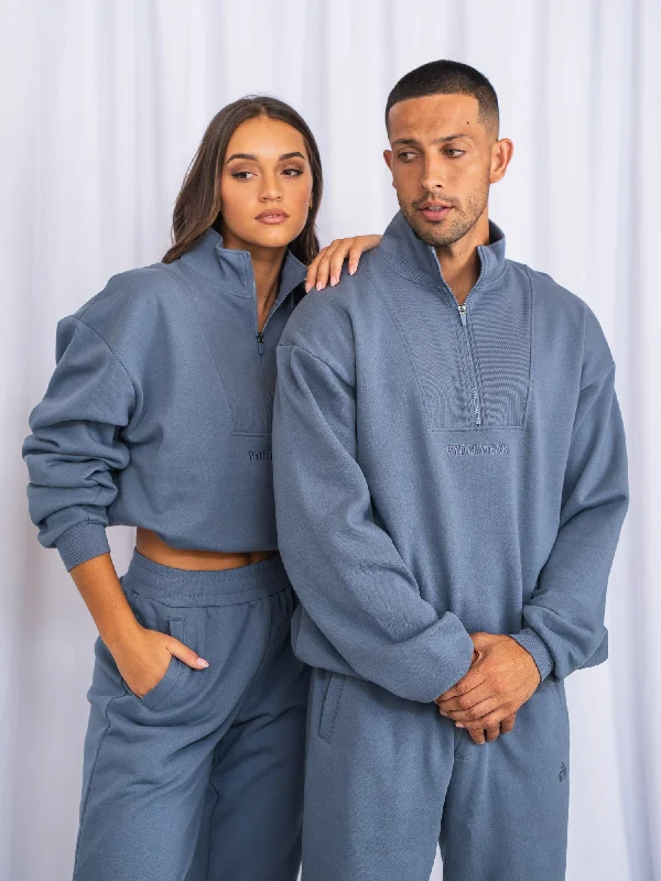 Unisex Half Zip Jumper - Denim Blue Ribbed Striped Patterned