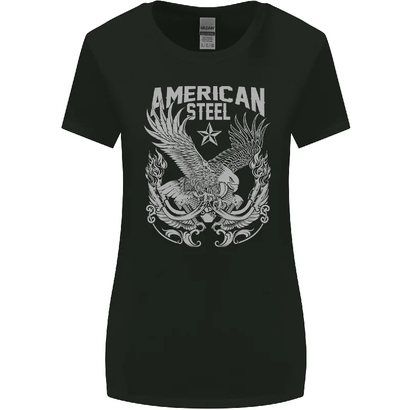 American Steel Motorbike Motorcycle Biker Womens Wider Cut T-Shirt Chenille Brocade Lace