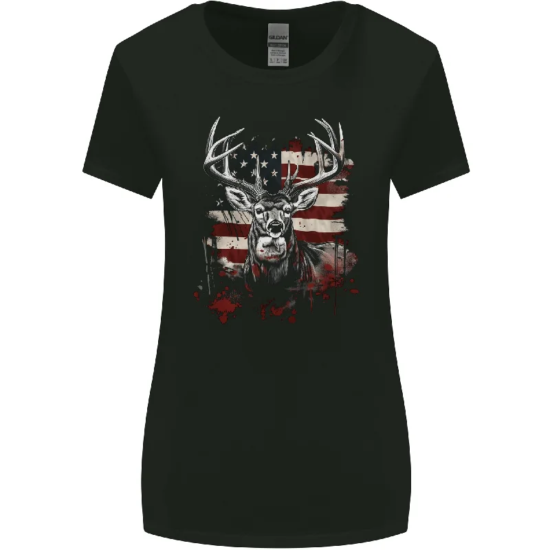 An American Deer With Flag USA Hunting Womens Wider Cut T-Shirt Chenille Fabric Brocade Fabric Lace Fabric